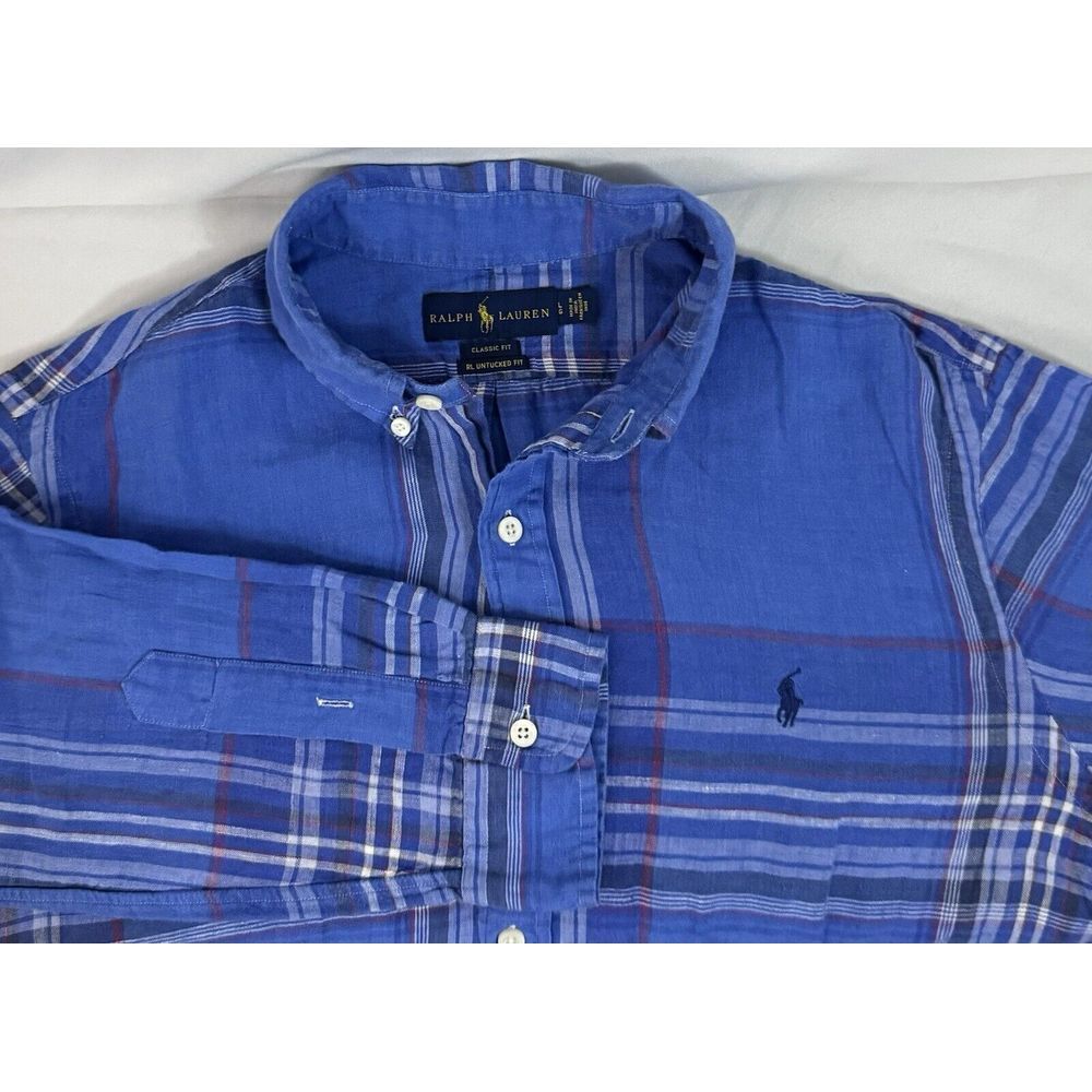 Ralph Lauren Mens L Blue Multicolor Plaid Classic Fit RL Untucked Fit LINEN